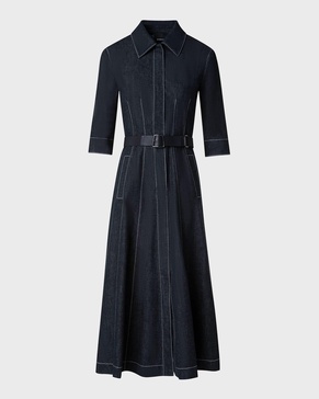 Belted Cotton Denim Midi Dress with Contrast Stitching