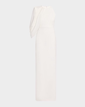 Asymmetric Cape-Sleeve Crepe Column Gown