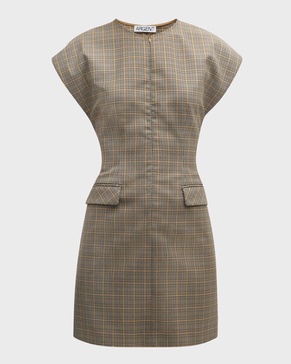 Cap-Sleeve Plaid Houndstooth Mini Dress