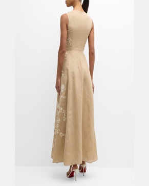 Eloise Floral Vine Embroidered Cotton Burlap Maxi Dress