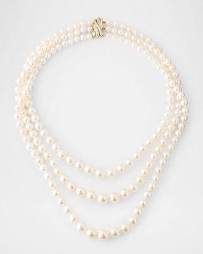 14K Yellow Gold 3-Row Graduated Akoya Pearl Necklace, 19.5"L