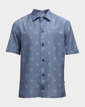 Men's Cotton-Silk Geometric-Print Camp Shirt