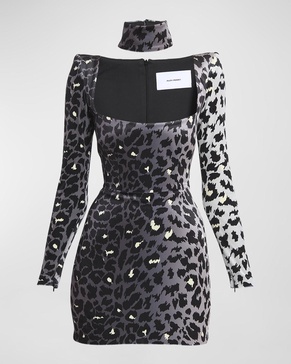 Printed Velvet Mini Dress with Neck Cuff