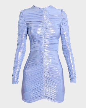 Ruched Metallic Jersey Long-Sleeve Mini Dress