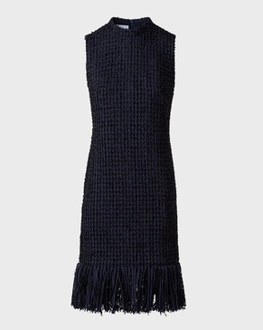 Chunky Tweed Sheath Dress with Fringed Hem