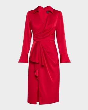Draped Faux-Wrap Crepe Back Satin Dress