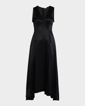 V-Neck Drop-Waist Silk Charmeuse Midi Dress