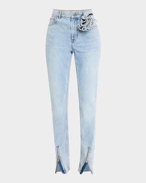 Flower Corsage Zip-Hem Skinny-Leg Jeans