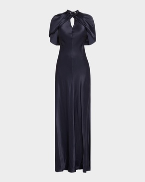 Twisted Cape-Sleeve Open-Back Satin Gown