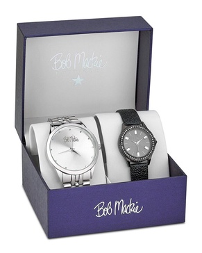 Men's and Women's Silver-tone Base Metal Bracelet and Black Faux Leather Strap 2 Piece Watch Set 45mm and 32mm