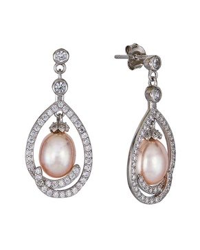 BELPEARL Silver 7-8mm Pearl CZ Dangle Earrings