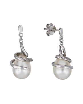 BELPEARL Silver 9-10mm Pearl CZ Dangle Earrings