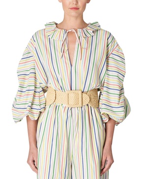 Carolina Herrera Neck Ruffle Shirred Elbow Puff Sleeve Top
