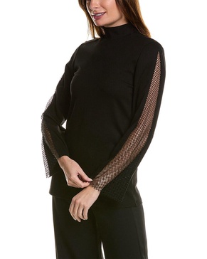 Anne Klein Women's Sernity Knit Ls Zip Back Mock Turtleneck with Fishnet Inset