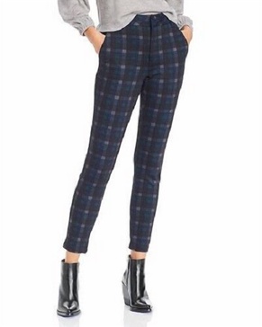stretch high rise slim pants in green navy plaid