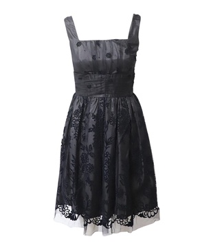 sleeveless pleated lace dress in black polyester