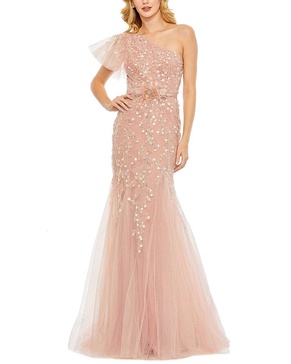embellished one shoulder cap sleeve gown