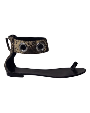 snakeskin print ankle strap flat sandals in black leather