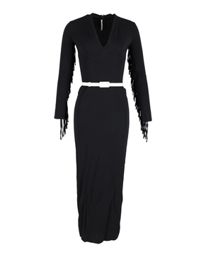 fringed v-neck maxi dress in black silk