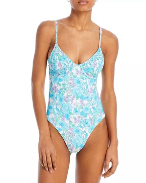 smocked underwire one piece swimsuit in blue