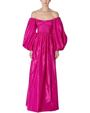 off shoulder balloon sleeve silk gown