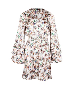 paisley print balloon sleeve mini dress in white polyester