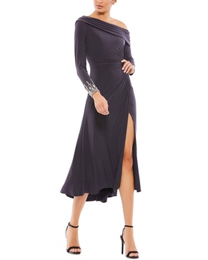 Mac Duggal Foldover Jeweled Midi Dress