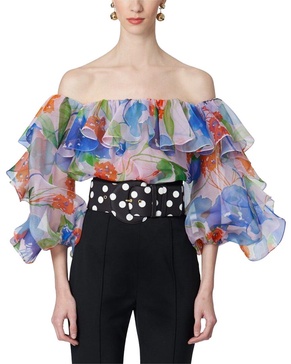 off-shoulder ruffle balloon sleeve silk top