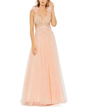 embellished ruffle shoulder cut out a line gown