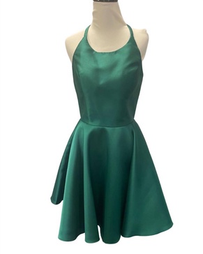 high crew open back mikado mini dress in pine