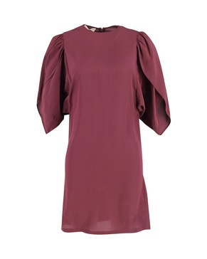 puff-sleeves dress in burgundy silk
