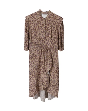 ruffled midi dress in beige print viscose