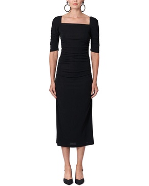 elbow-sleeve square neck ruched midi dress