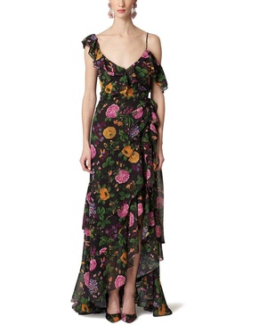 one shoulder cap sleeve ruffle gown