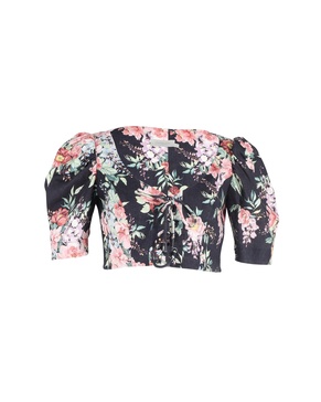 bellitude cropped lace-up  top in floral print linen