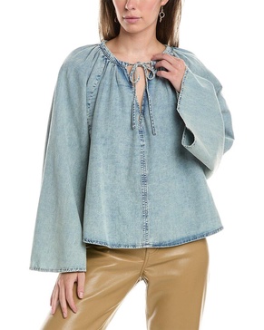 shirred linen-blend blouse