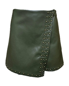 women's studded stretch faux leather wrap skort in olive