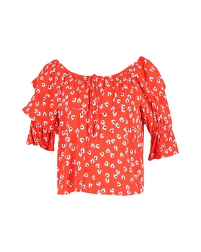 silvery floral off-shoulder top in red viscose
