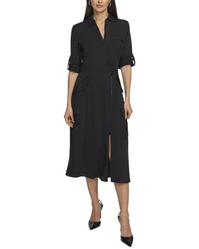 long sleeve silky cargo midi dress