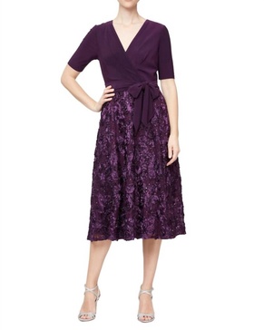 mixed media midi dress in purple