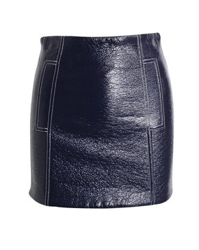 crinkled mini pencil skirt in navy blue polyurethane-coated wool