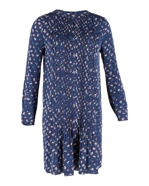 printed pleated long-sleeve dress in navy blue silk