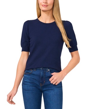 short sleeve crew neck with pearl button sweater