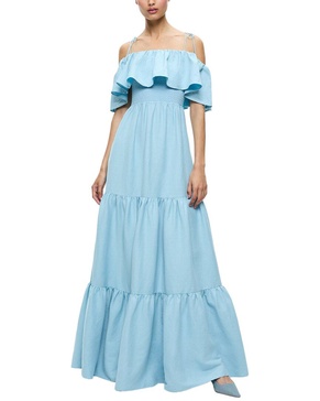 kia off shoulder tiered linen-blend midi dress