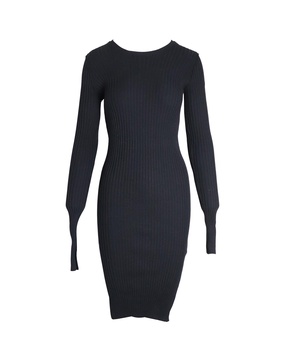 ribbed long sleeve fitted dress in black viscose
