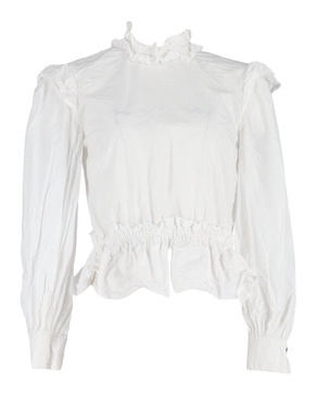 ruffled mock-neck blouse in white cotton