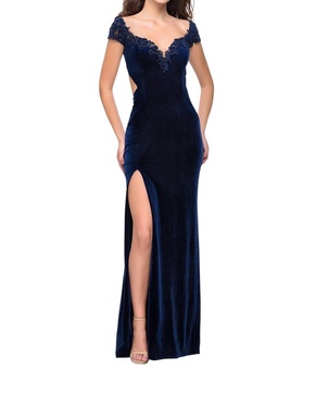 off the shoulder velvet long dress in navy