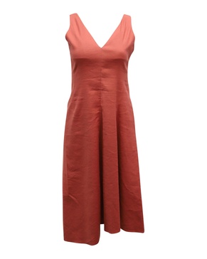 slip v-neck midi dress in red orange linen