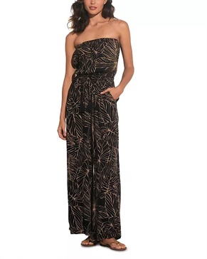 strapless tropical jumpsuit in blk natural