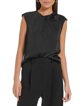 top women's small black twist neck cap sleeve blouse preppy erk256